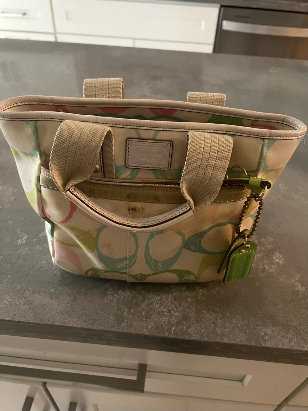 Coach Pastel Multicolor Canvas Tote with Lime Leather Tags